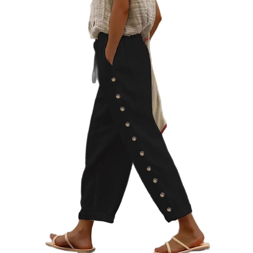 Damen Leichte Leinenhose mit hoher Taille, Kordelzug und seitlicher Druckknopf-Detailierung Nord Taschen