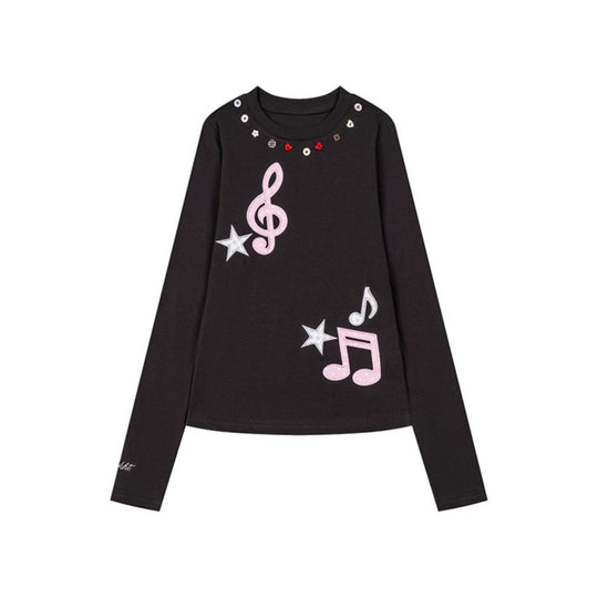 Damen Langarmshirt mit Paillettenkragen und Musiknoten-Applikationen Nord Taschen
