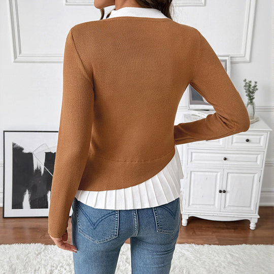 Damen Figurbetonte Strickbluse mit asymmetrischer Knopfleiste und plissiertem Einsatz Nord Taschen