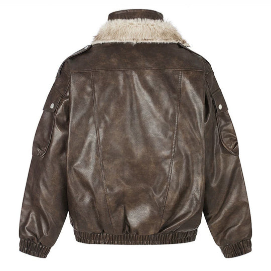 Damen Oversize Kunstleder-Fliegerjacke mit Teddyfutter und Stehkragen Nord Taschen