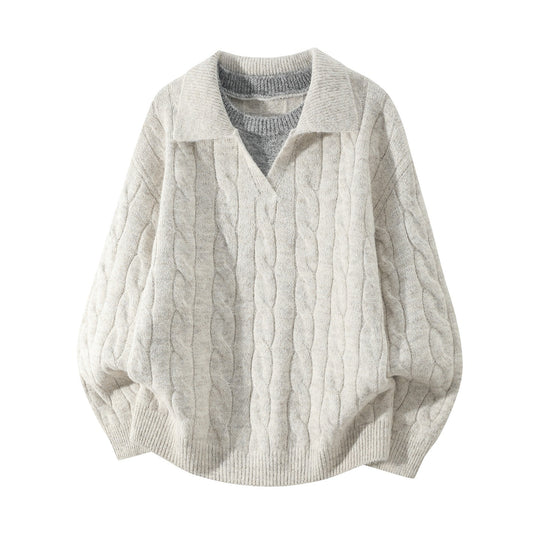 Damen Oversize Zopfmuster-Pullover mit offenem Polokragen & Layer‑Look Nord Taschen