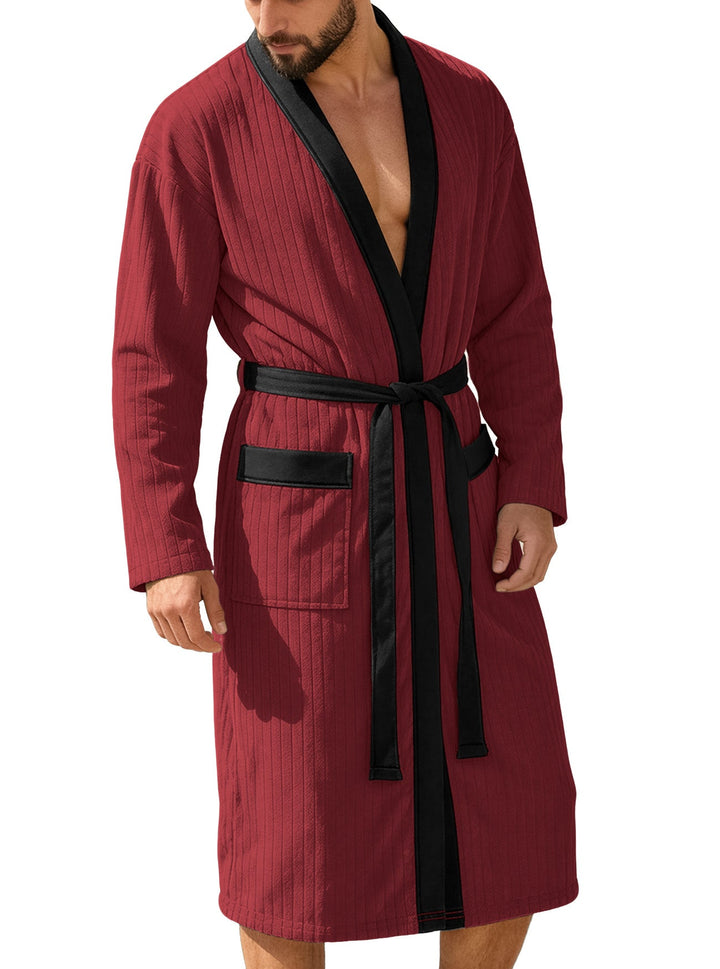 Herren nan wadenlanger Rippen-Bademantel im Kimono-Stil mit Schalkragen und Kontrastpaspel