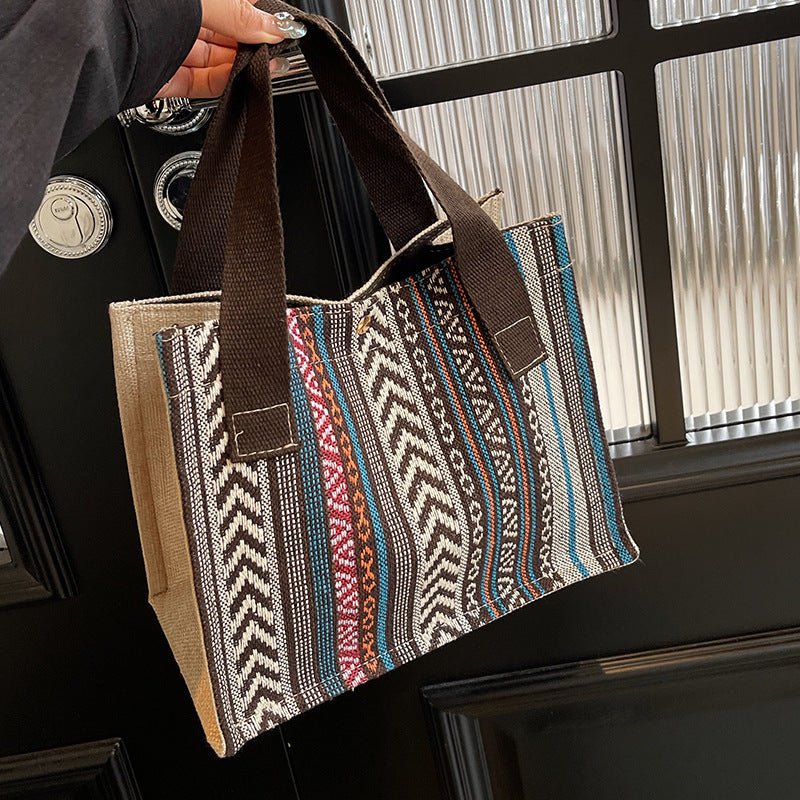 Damen Jute-Tragetasche mit buntem Muster und stabilen Baumwollgriffen Nord Taschen