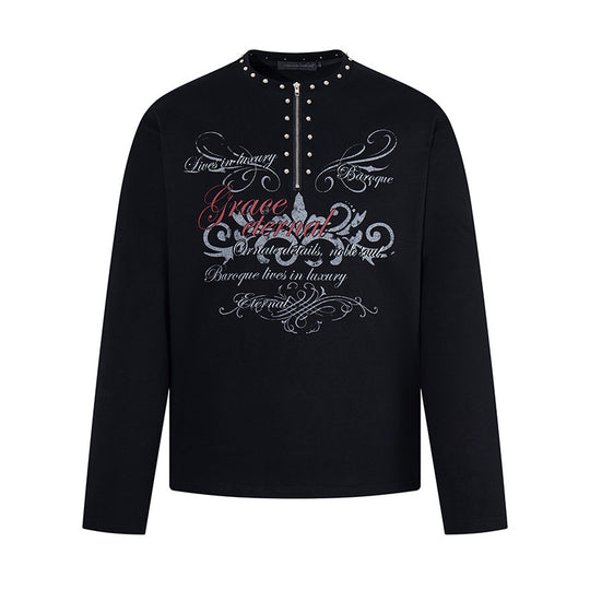 Damen Langarmshirt mit Halb-Reißverschluss, Nietenkragen und Barock-Schriftprint Nord Taschen