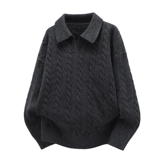 Damen Oversize Kabelstrick-Polo-Pullover mit V‑Ausschnitt und geripptem Saum Nord Taschen