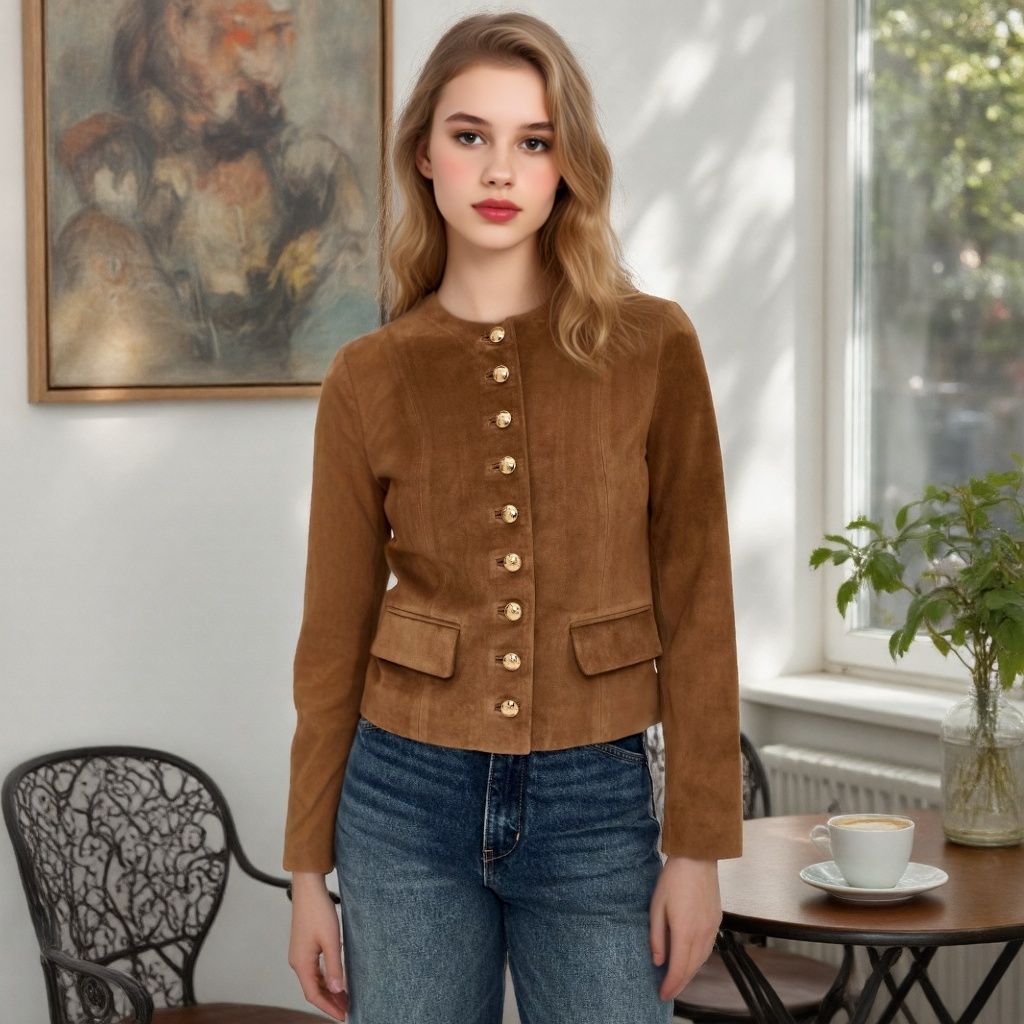 Damen Taillierte Wildlederoptik‑Jacke mit Stehkragen und Zierknopfleiste Nord Taschen