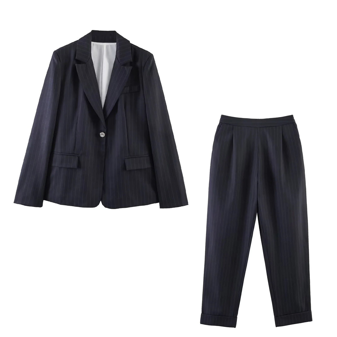 Damen Nadelstreifen-Longblazer mit leichtem Oversize-Schnitt und dekorativem Ein-Knopf Nord Taschen