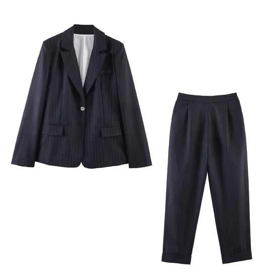 Damen Nadelstreifen-Longblazer mit leichtem Oversize-Schnitt und dekorativem Ein-Knopf Nord Taschen