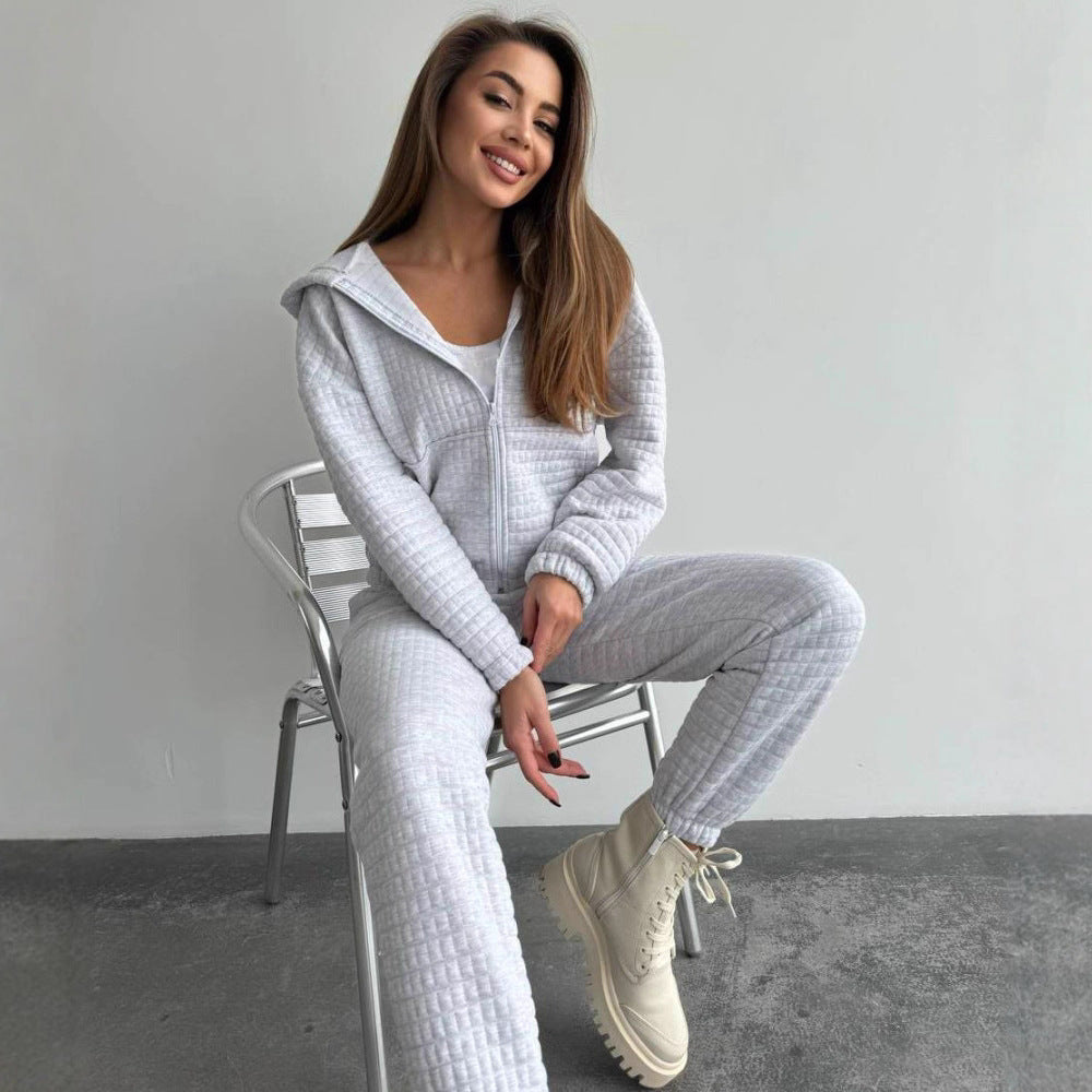Damen gesteppter Quilt-Lounge-Zweiteiler aus Soft-Fleece mit Kapuzen-Zipjacke, High-Waist-Bundhose und Bustier-Top Nord Taschen
