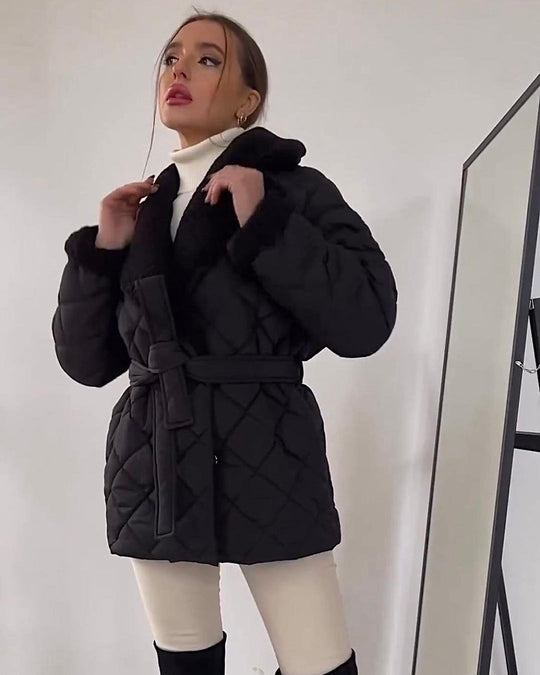 Damen Steppjacke mit Teddy-Futter Taillengürtel und großem Schalkragen Nord Taschen