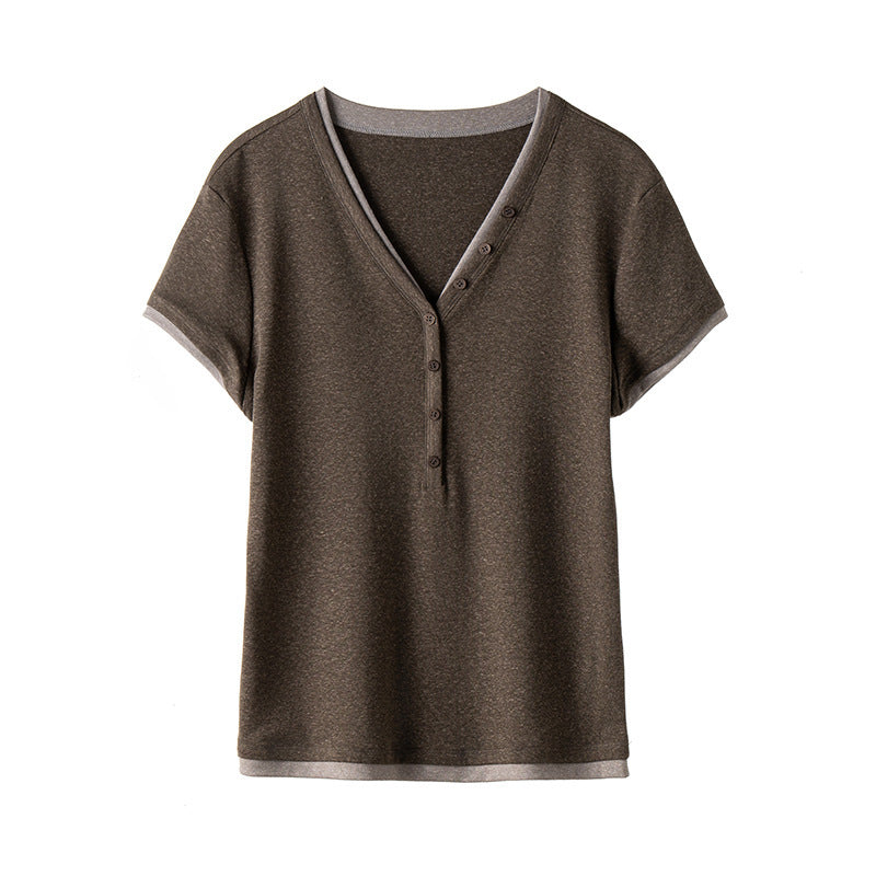 Damen Kurzärmeliges V-Ausschnitt-Henley-Shirt aus Stretch-Jersey mit feiner Knopfleiste Nord Taschen