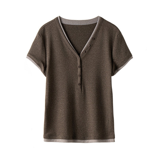 Damen Kurzärmeliges V-Ausschnitt-Henley-Shirt aus Stretch-Jersey mit feiner Knopfleiste Nord Taschen