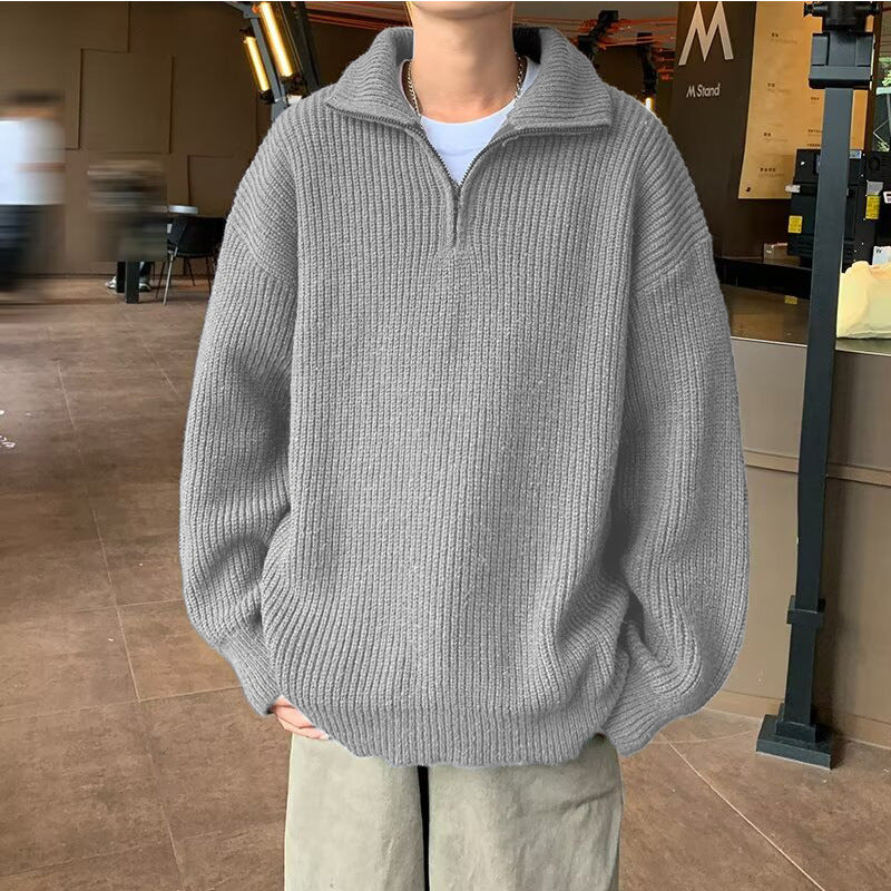 Herren Weicher Oversize-Rippenstrick-Pullover mit verdecktem Halbzip und Polokragen Nord Taschen