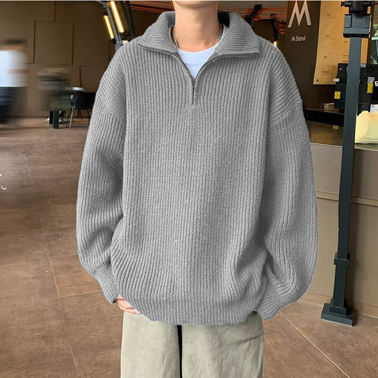 Herren Weicher Oversize-Rippenstrick-Pullover mit verdecktem Halbzip und Polokragen Nord Taschen