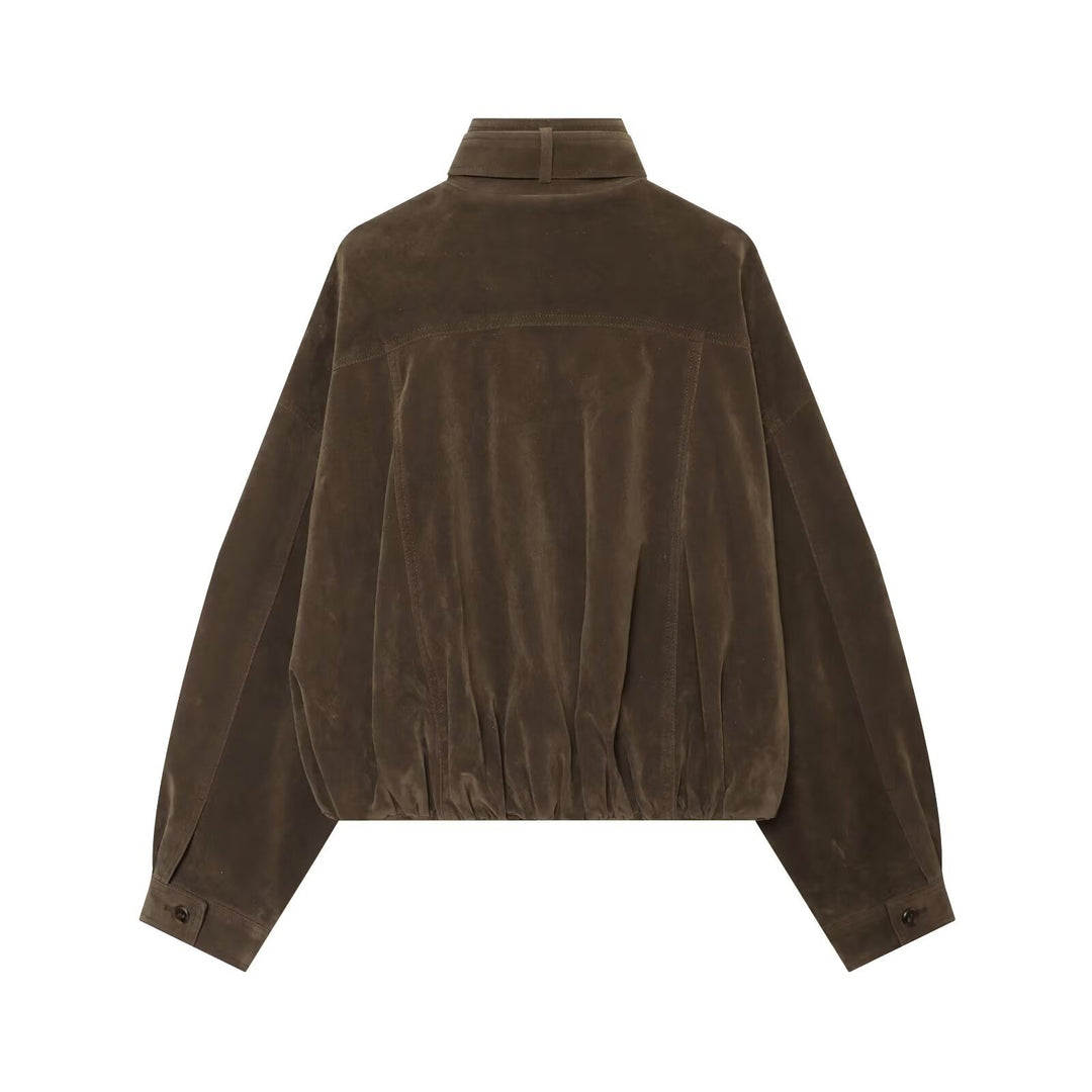 Damen Oversize-Wildleder‑Bomberjacke mit hohem Stehkragen und Reißverschlusstaschen Nord Taschen