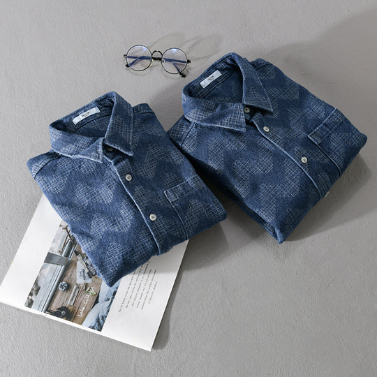 Herren Indigo-Struktur-Overshirt aus gewaschenem Denim mit Zickzack-Jacquard, Kentkragen und Brusttasche Nord Taschen