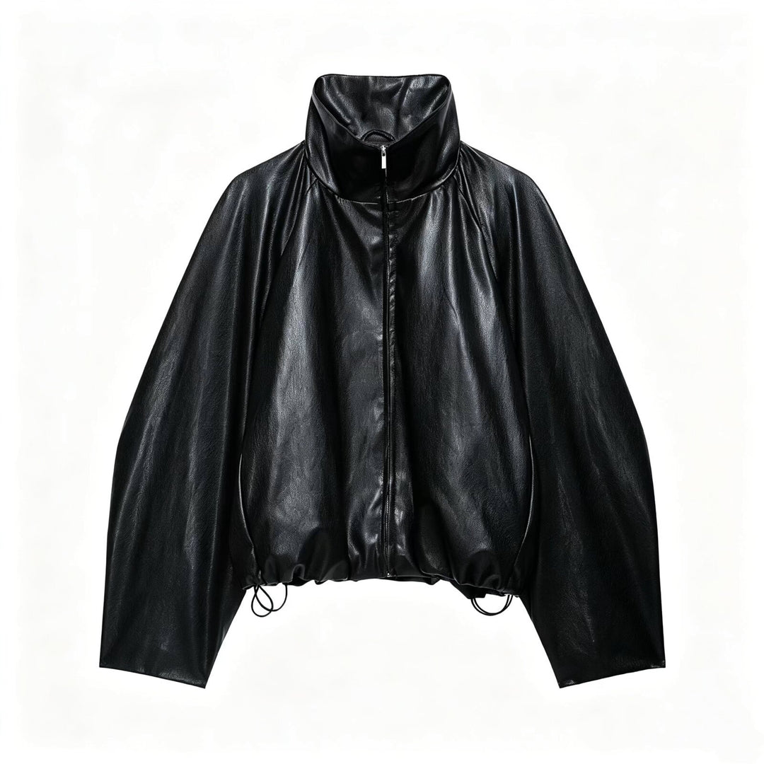 Damen Oversize Jacke im Lederlook mit hohem Funnelkragen, Raglanärmeln und Tunnelzugsaum Nord Taschen