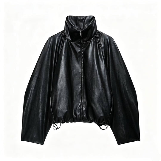 Damen Oversize Jacke im Lederlook mit hohem Funnelkragen, Raglanärmeln und Tunnelzugsaum Nord Taschen