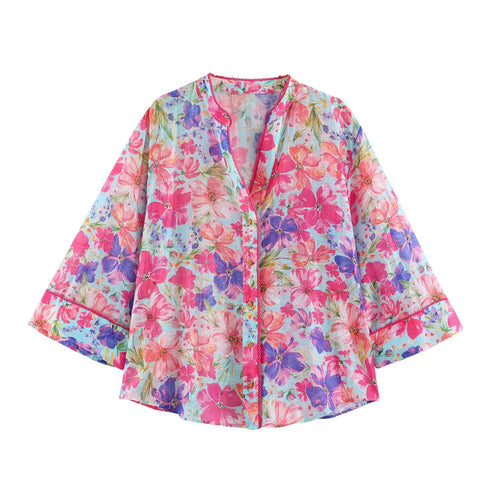Damen Leichte Bluse im Aquarell-Floralmuster mit Stehkragen und dreiviertelärmeln Nord Taschen
