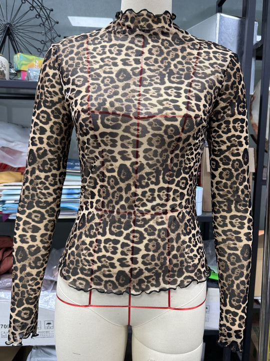Damen langärmliges transparentes Oberteil mit Leopardenmuster und hohem Kragen
