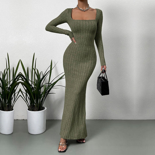 Damen geripptes Sculpting-Maxikleid mit Quadratausschnitt und taillierter Meerjungfrauen‑Silhouette Nord Taschen