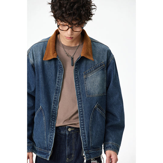 Herren Relaxed-Denimjacke mit Kontrast-Cordkragen und schräger Brusttasche Nord Taschen