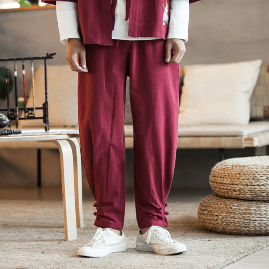 Herren Lässige Leinenmix-Hose mit Tunnelzugbund, verengtem Fußabschluss und Knoten-Detail Nord Taschen