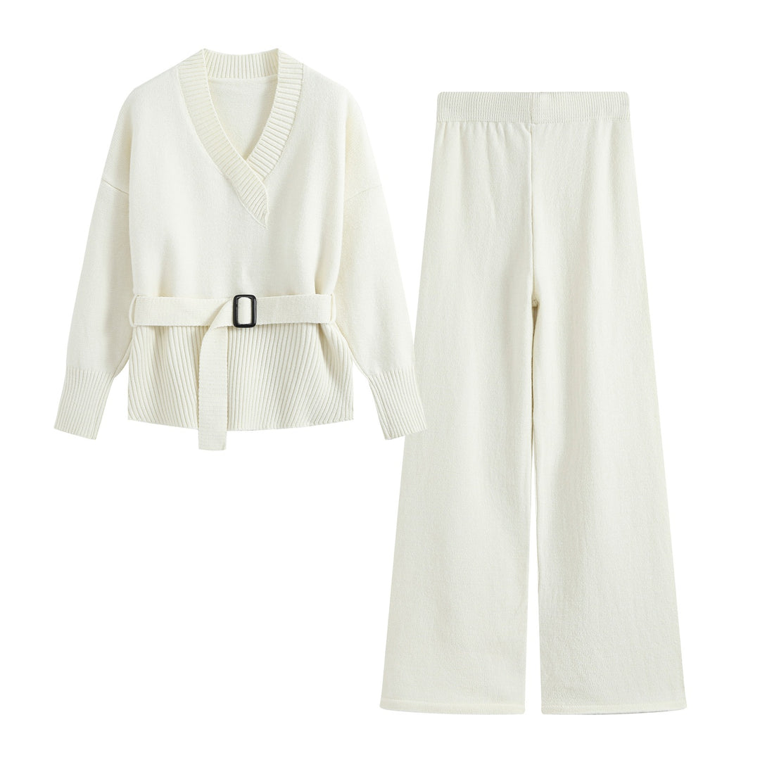 Damen Feiner Strickzweiteiler mit V‑Ausschnitt, Taillengürtel und weiter Bündchenhose Nord Taschen