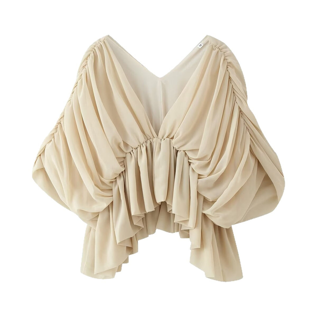 Damen Drapiertes Chiffon-Top mit V-Ausschnitt und voluminösen Fledermausärmeln Nord Taschen