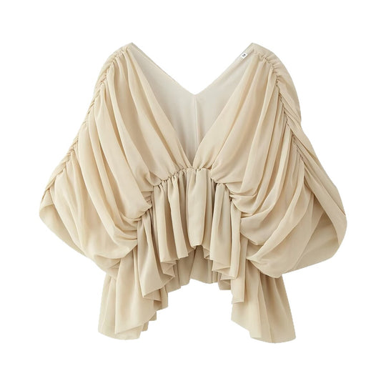 Damen Drapiertes Chiffon-Top mit V-Ausschnitt und voluminösen Fledermausärmeln Nord Taschen