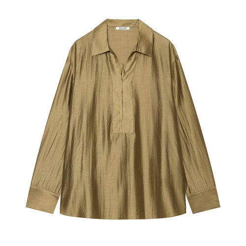 Damen Oversize-Satinbluse mit Hemdkragen, verdeckter Knopfleiste und Manschetten Nord Taschen