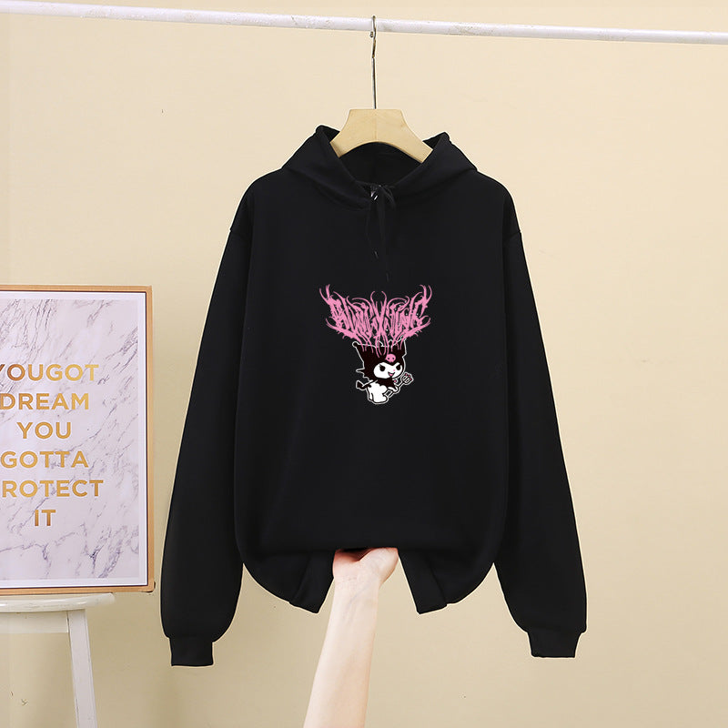 Damen nan Kapuzenpullover mit Gothic‑Kawaii Print, Oversize‑Schnitt und weichem Fleeceinnenfutter Nord Taschen