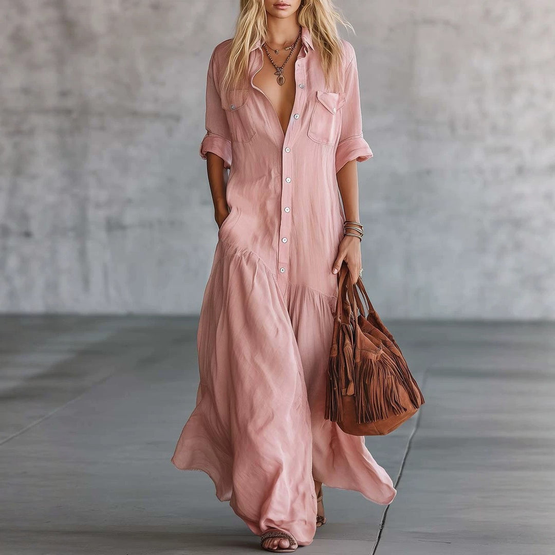 Damen Langes fließendes Hemdblusen-Maxikleid mit Knopfleiste, aufgesetzten Brusttaschen und seitlichen Eingrifftaschen Nord Taschen