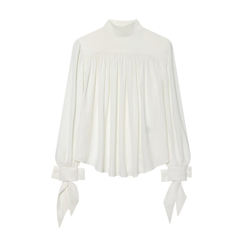 Damen Bluse mit hohem Rollkragen, gerafftem Vorderteil und Schleifenärmeln Nord Taschen