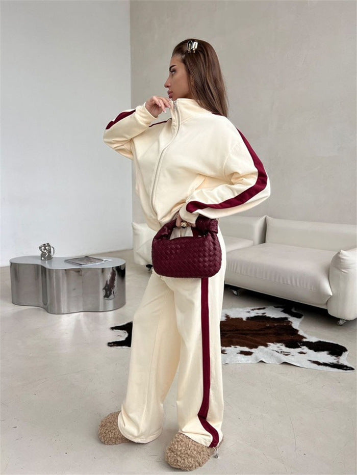 Damen lässiges Zweiteiler-Set mit Stehkragen-Zipjacke und locker geschnittener Tunnelzughose Nord Taschen