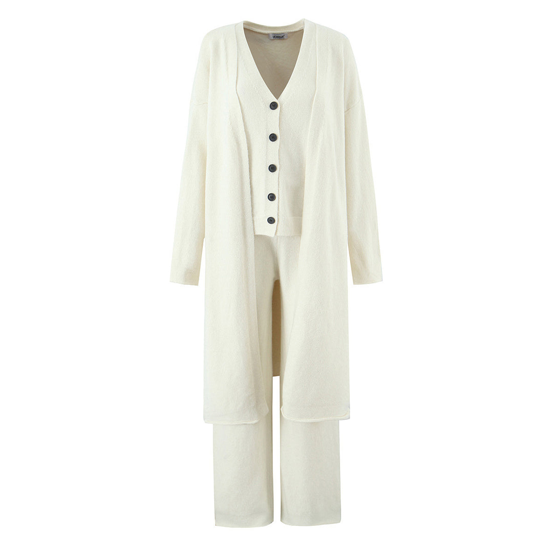 Damen Oversize Strick-Set mit Longcardigan, Knopf-Weste und weiten Hosen Nord Taschen