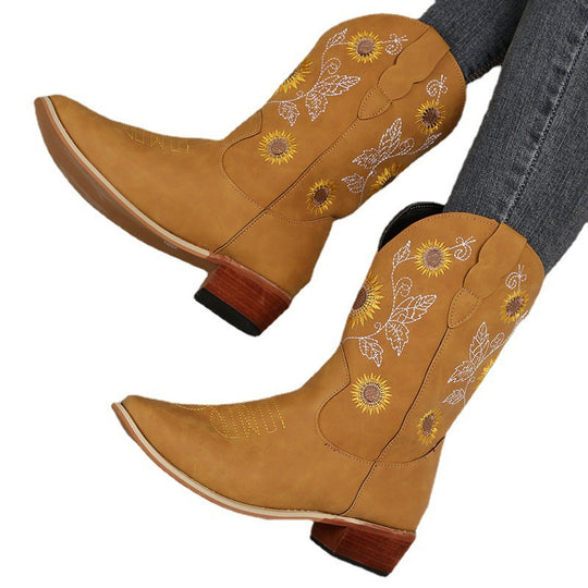 Damen Bestickte Western‑Stiefel mit Sonnenblumenmotiv und mittlerem Blockabsatz Nord Taschen