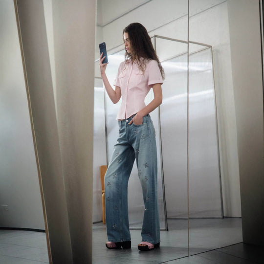 Damen Weite Denim-Jeans mit Sternenbesatz und geradem Bein Nord Taschen