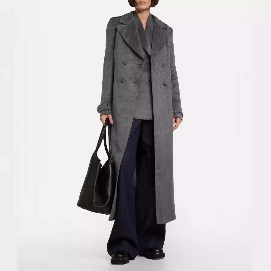 Damen Bodenlanger Zweireihiger Mantel im Vintage-Tailoring mit breitem Schalkragen Nord Taschen