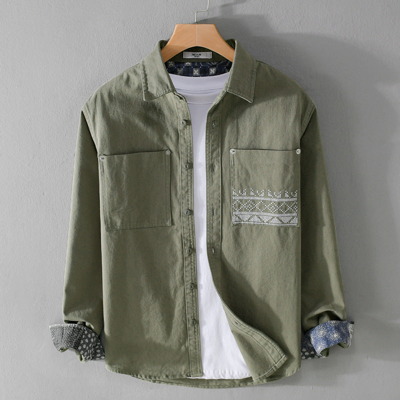 Herren Baumwoll-Overshirt mit Kontrastfutter, Brusttaschen und feiner Stickerei Nord Taschen