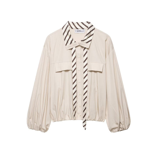 Damen Schluppenbluse im Cropped‑Boxy‑Schnitt mit Ballonärmeln und kontrastierter Schluppenblende Nord Taschen
