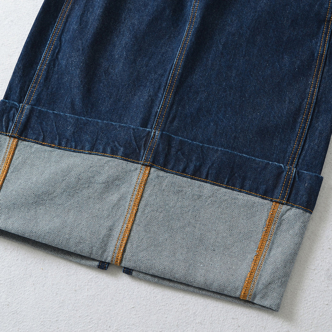 Damen Hochtaillierter Midirock aus Denim mit sichtbaren Nähten und umgeschlagener Saum Nord Taschen