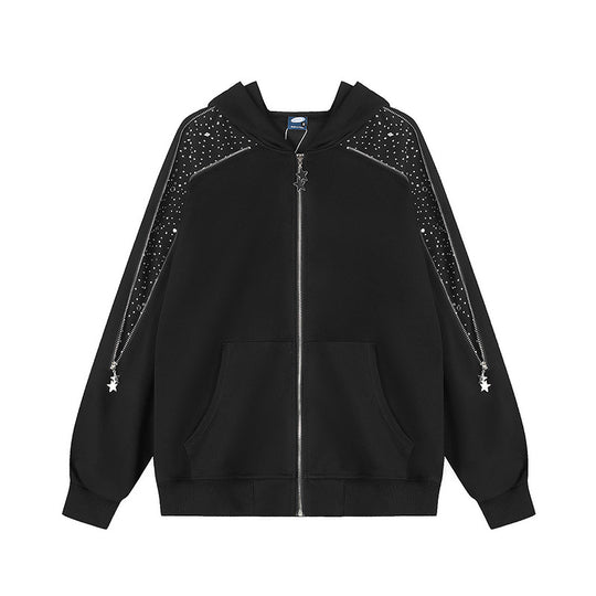 Damen Kapuzen‑Sweatjacke mit Zierstein‑Schulterpaneel, Stern‑Zipper und Oversize‑Silhouette Nord Taschen