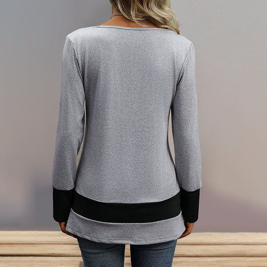 Damen Longsleeve mit tiefem V-Ausschnitt, Zierknopfleiste und Kontrastbordüren Nord Taschen