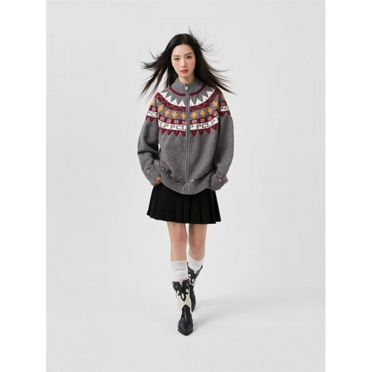 Damen Lässige Strick-Zipjacke mit Jacquard-Yoke und Rippbündchen Nord Taschen