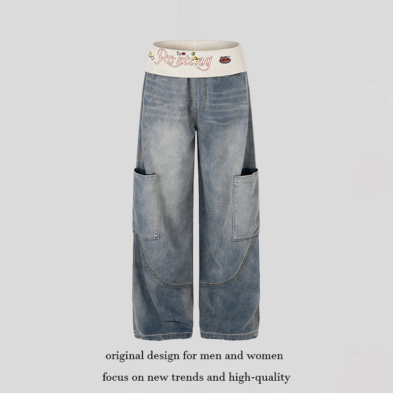 Damen Weite Denim-Palazzo-Cargo-Hose mit Komfort-Rippbund und aufgesetzten Taschen Nord Taschen