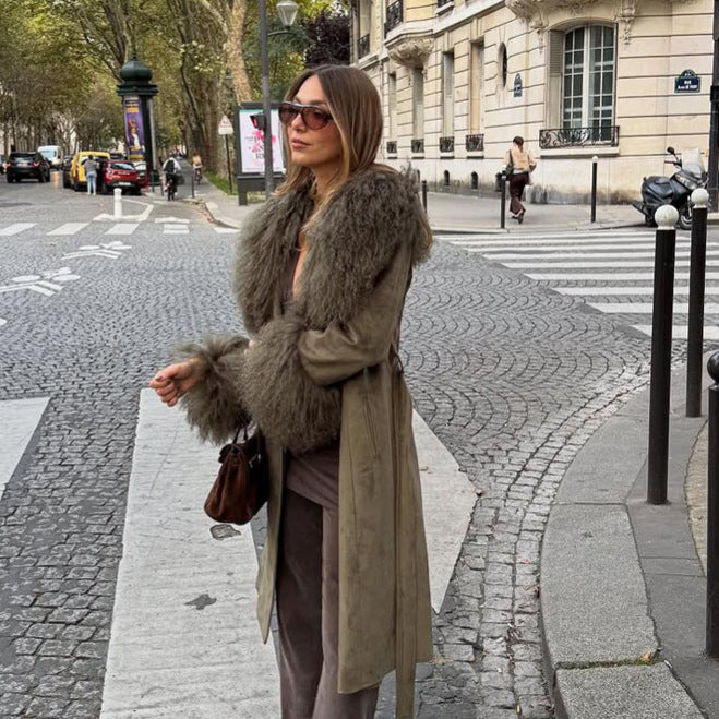 Damen Midilanger Bindemantel aus Veloursleder‑Optik mit Oversize-Fellkragen und voluminösen Fellmanschetten Nord Taschen