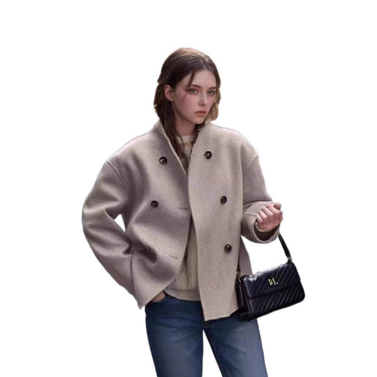Damen modische Wolljacke mit doppelter Knopfleiste und hohen Kragen