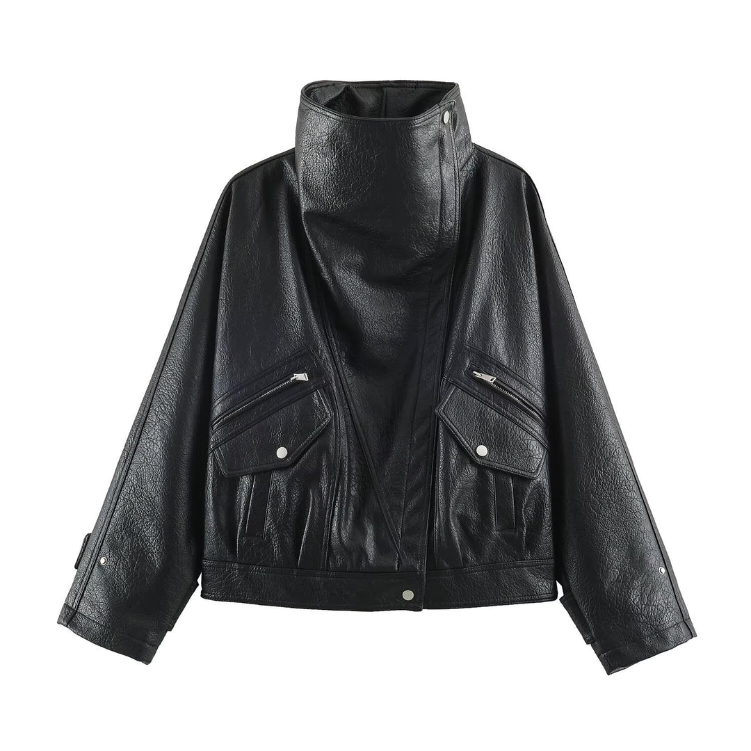 Damen Oversized Kunstleder-Capejacke mit hohem Stehkragen und Pattentaschen Nord Taschen