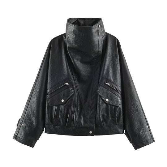 Damen Oversized Kunstleder-Capejacke mit hohem Stehkragen und Pattentaschen Nord Taschen